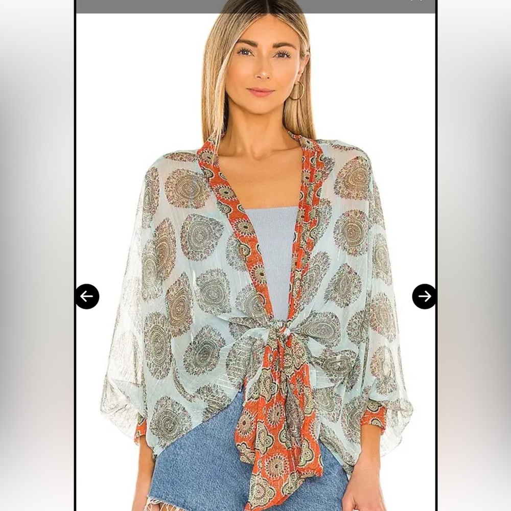 Free People Kantha Shimmer Tie Front Kimono in Blue Size All.